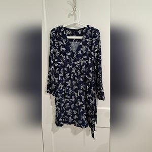 Gap Long Sleeve Surplice Faux Wrap Blue and White Floral Print Dress Size Medium